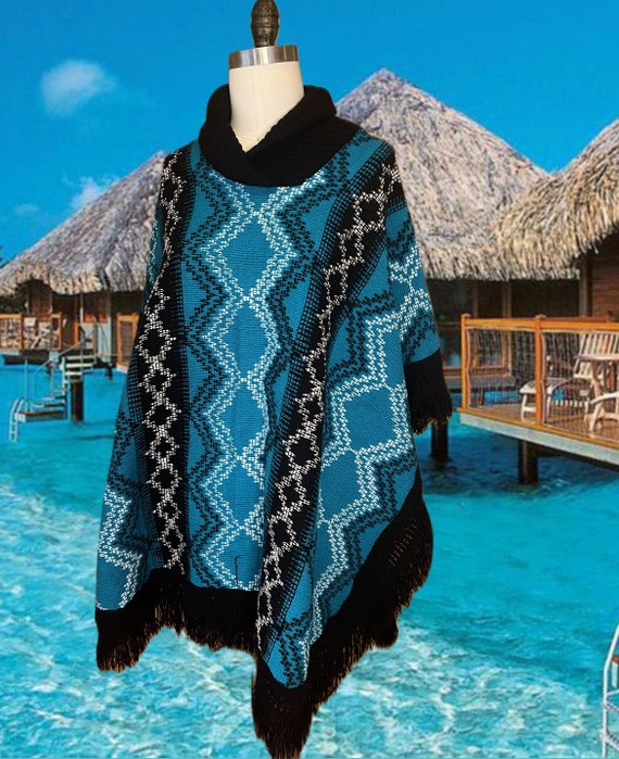 70s poncho Mexican blanket with vibrant turquoise 