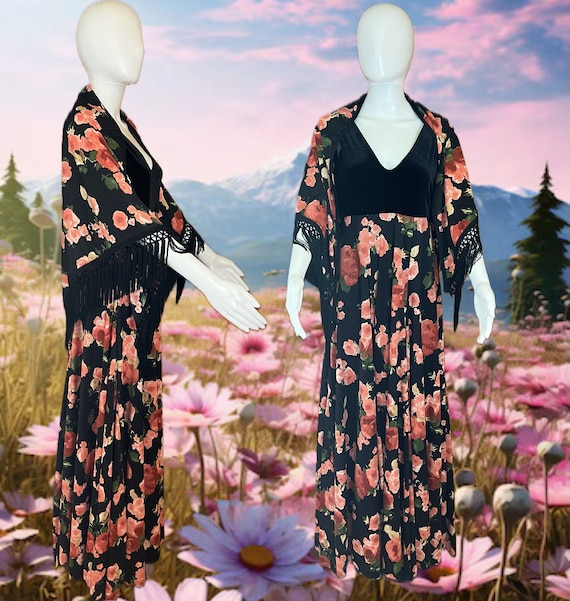 70s stunning stretch poly floral dress with matchi