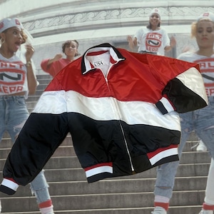 80s/90s spectacular asymmetrical Red/white/black Bomber jacket with quilted lining / made in USA/ size: XL / excellent condition
