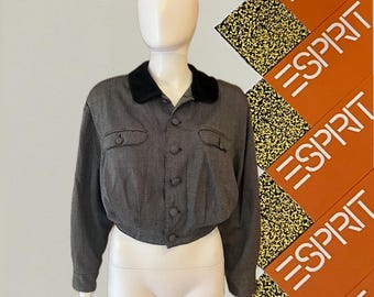 80’s Esprit Collection Cropped Jacket – Black & White Micro Houndstooth with Velvet Collar, Size Small -Gently Worn - flattering silhouette