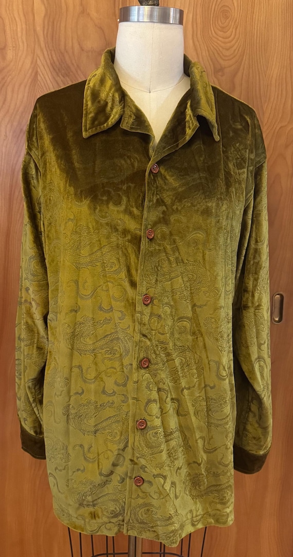 90s Dragon Velvet Button up Shirt by ODO — Olive Gold Crushed