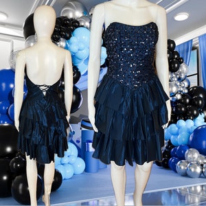 metallic blue early 90’s Gunne Sax party dress with sequins and ruffles corset lace up in excellent condition (label is removed) size: 4/6