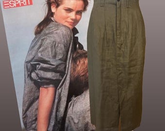 Jupe taille haute de style safari en lin Esprit des années 80 / beaucoup de style avec des plis et une jupe crayon, silhouette / taille : 26 pouces / légèrement usée
