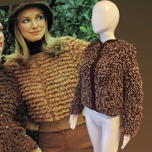 May include: A brown, textured jacket with a zipper closure is displayed on a mannequin. The jacket has a unique, looped design. The background features a vintage image of a woman wearing a similar jacket in a lighter brown color. The overall theme is vintage fashion.