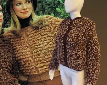 Chaqueta bomber de punto de bucle de los años 70 hecha a mano • Talla XS • Abrigo de punto de pelo largo marrón crema • Estilo Country Fair Boho Disco • Cierre de cremallera frontal estilo hippie chic
