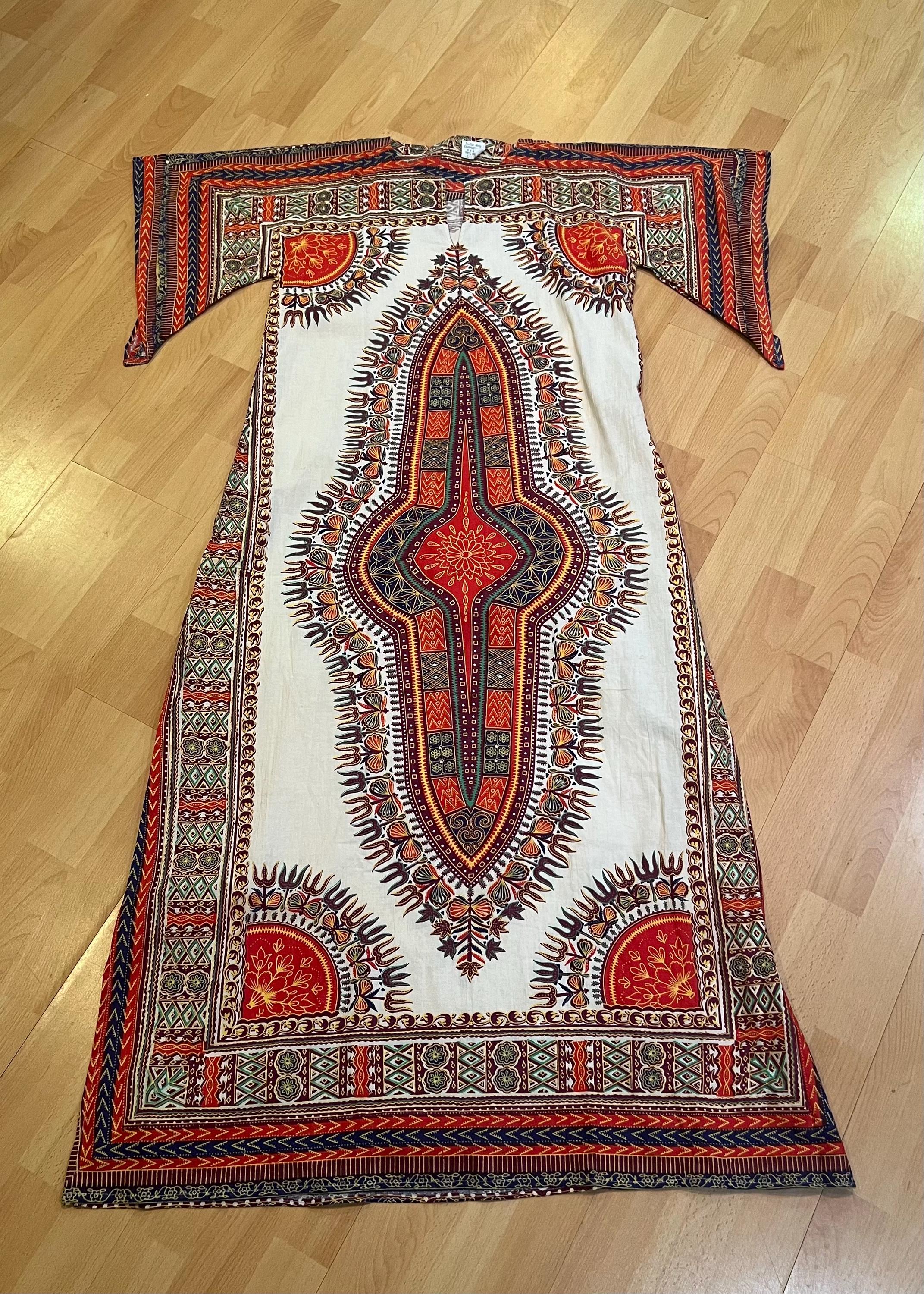 70s Dashiki Kaftan Dress With Vibrant Hippy Colors / 100