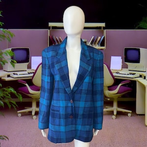 80s Liz Claiborne Plaid Blazer – Size 8 – Office Siren Energy in Electric Blue and Teal - Gently Worn - high quality Rayon