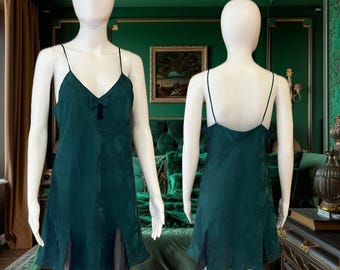 90s Victorias Secret emerald green tassel slip with sheer inserts for a touch of elegance/floral print / size: Medium / gently worn 90s Victorias Secret emerald green tassel slip with sheer inserts for a touch of elegance/floral print / size: Medium / gently worn