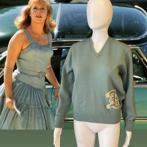 50er Jahre Cheerleader Pullover mit dem Buchstaben B & 53 in einem Chenille-Aufnäher auf der Taille/von Jonesknit/100% Wolle/Größe S/M/schönes Tiffany Blau/unbenutzt