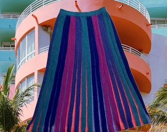 Gonna in maglia Art Deco di Parienne Tokyo anni '80 / XS/S vita 24–26” / Gonna a pieghe color block / Verde acqua, viola, fucsia / Made in Japan