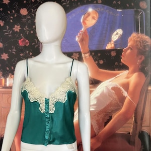 80s Victorias Secret Gold Label camisole top with lace and pearls/ size: P or small / gently worn condition/ green polyester Satin