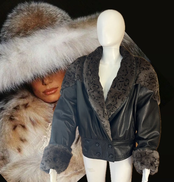 80s Carole Little Leather Jacket With Leopard Print Fur Very