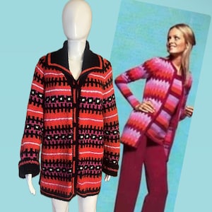 60s Electric Vintage Knit Sweater – Handknit Wool – Mod Folk Graphic – Cozy Retro Vibes- Size M/L - Gently Worn - One of a kind handmade