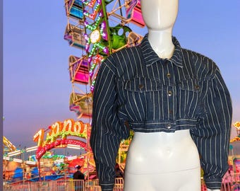 80s Rare denim striped Karen Alexander cropped jacket with blue crystal embellished buttons /Epic design/ size vintage 12 M/L / gently worn