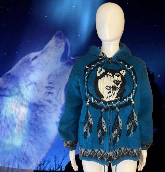 80s Ruminahui Wolf With Dream Catcher Hoodie in Teal With Lots
