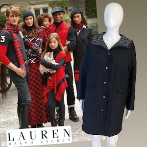 Ralph Lauren quilted barn coat with beautiful plaid lining with corduroy trim with hood  /snap front / size: Medium gently worn/ americana