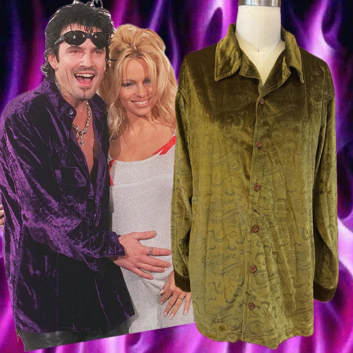 90s Dragon Velvet Button up Shirt by ODO — Olive Gold Crushed