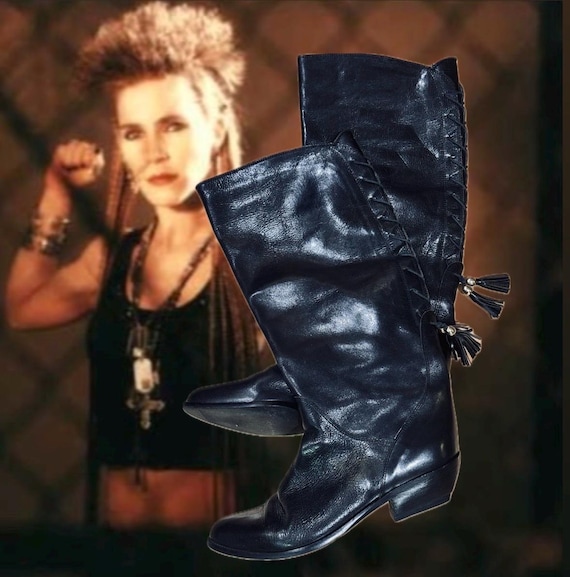 80s Italian Leather Corset Boots — Black Lace-up Tassel Knee High