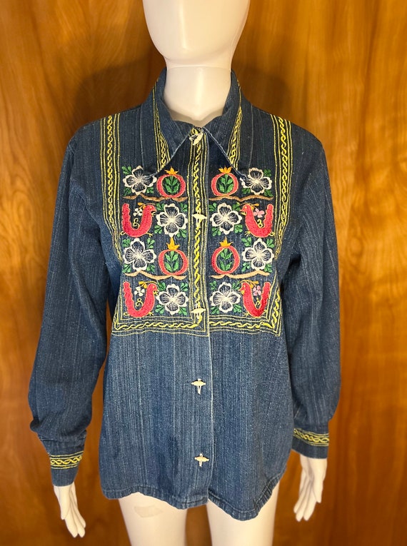 70’s Fabulous embroidered denim shirt hippie Chic… - image 2