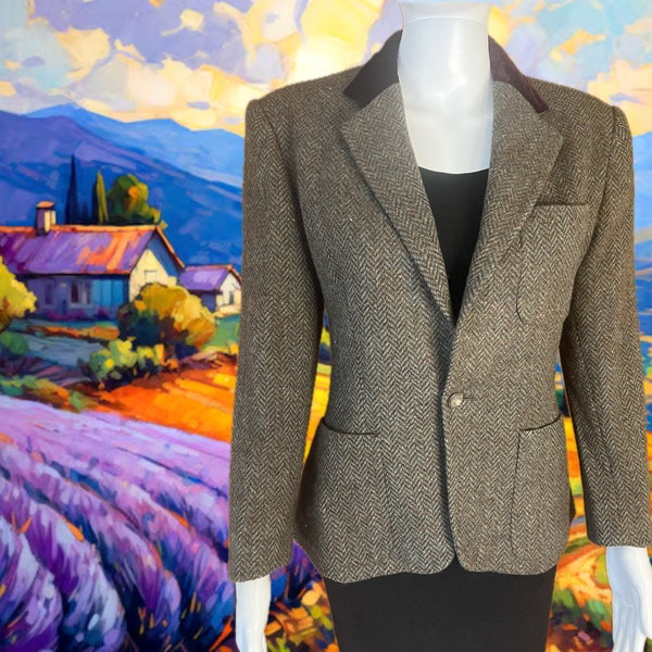 Ralph Lauren Blue label wool herringbone Equestrian jacket with teal and brown wool /velvet collar/structured shoulder/size:6 / Gently worn