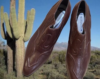 90s Nordstrom Brown Leather Western Booties Size 8.5 M | Pointed Toe Cowboy Ankle Boots | decorative stitching | Desert Cowgirl Boho Shoes