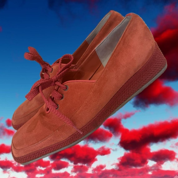 Bally, 70s 80s Bally Red Suede Wedge Shoes • Size 6 • Gently Worn • Fun details with red trim heels • Granny Chic