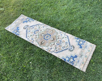 3x8 Vintage Runner, Turkish Rug Blue, Neutral Rug Runner, Kitchen Rug Boho, Narrow Oushak Runner, Wool Persian Rug, Hallway Runner 2'5"x8'3"