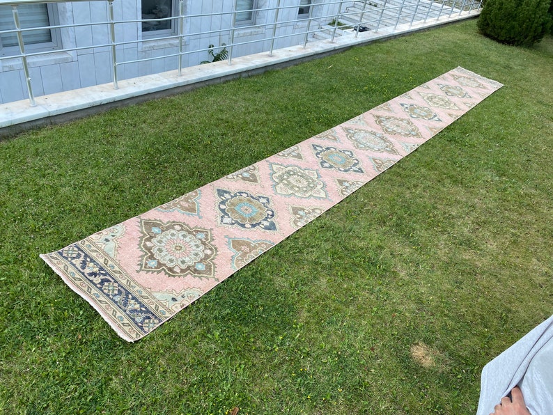 Turkish Stair Runner Extra Long Runner Rug Blue Brown Oushak Etsy