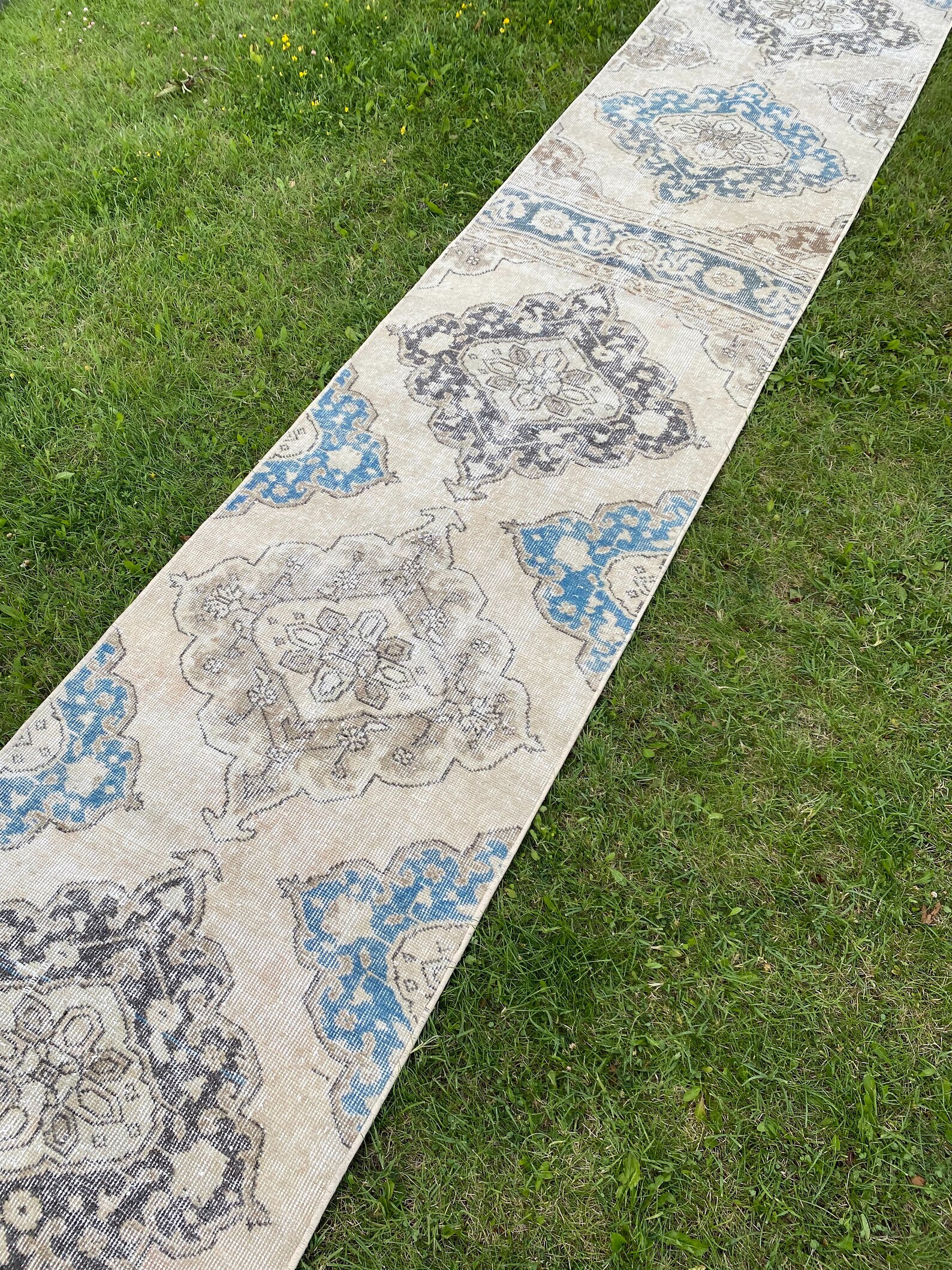 Turkish Stair Runner Extra Long Runner Rug Blue Brown Oushak Etsy