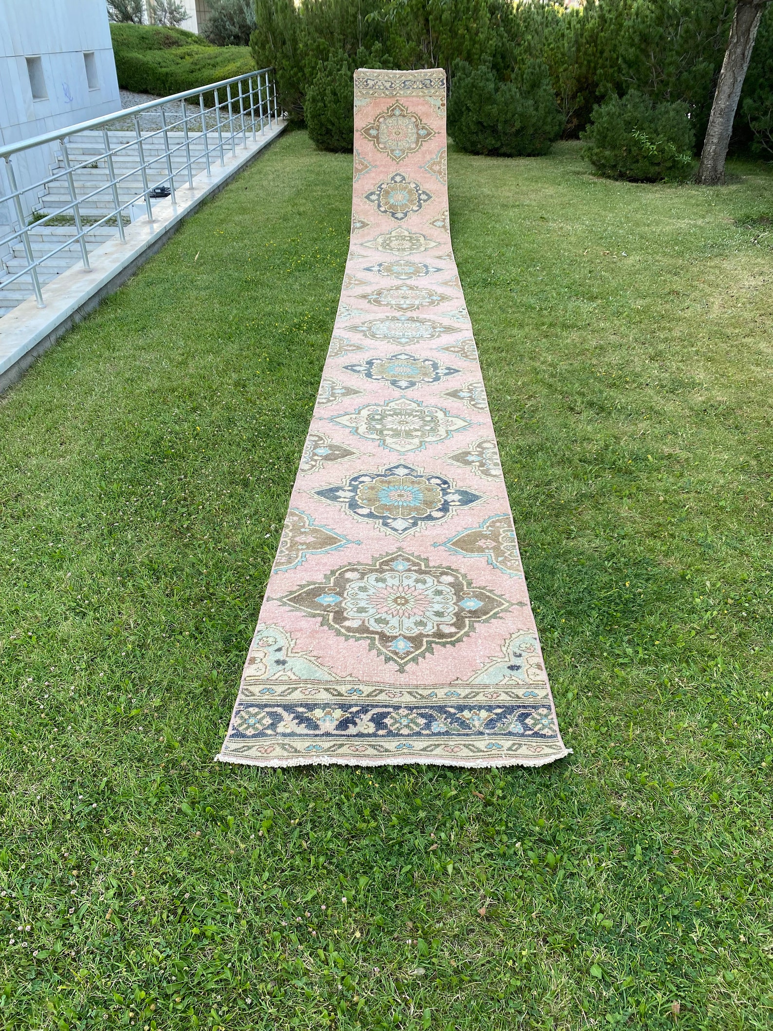 Turkish Stair Runner, Extra Long Runner Rug Blue, Brown Oushak Runner