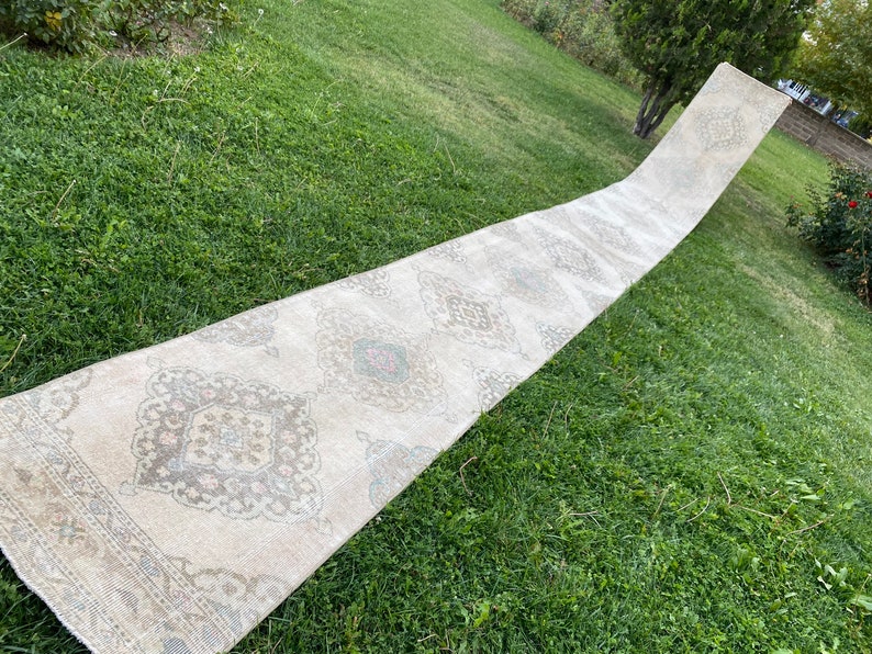 Turkish Stair Runner, Extra Long Runner Oushak, Vintage Runner Brown, Pastel Persian Rug
