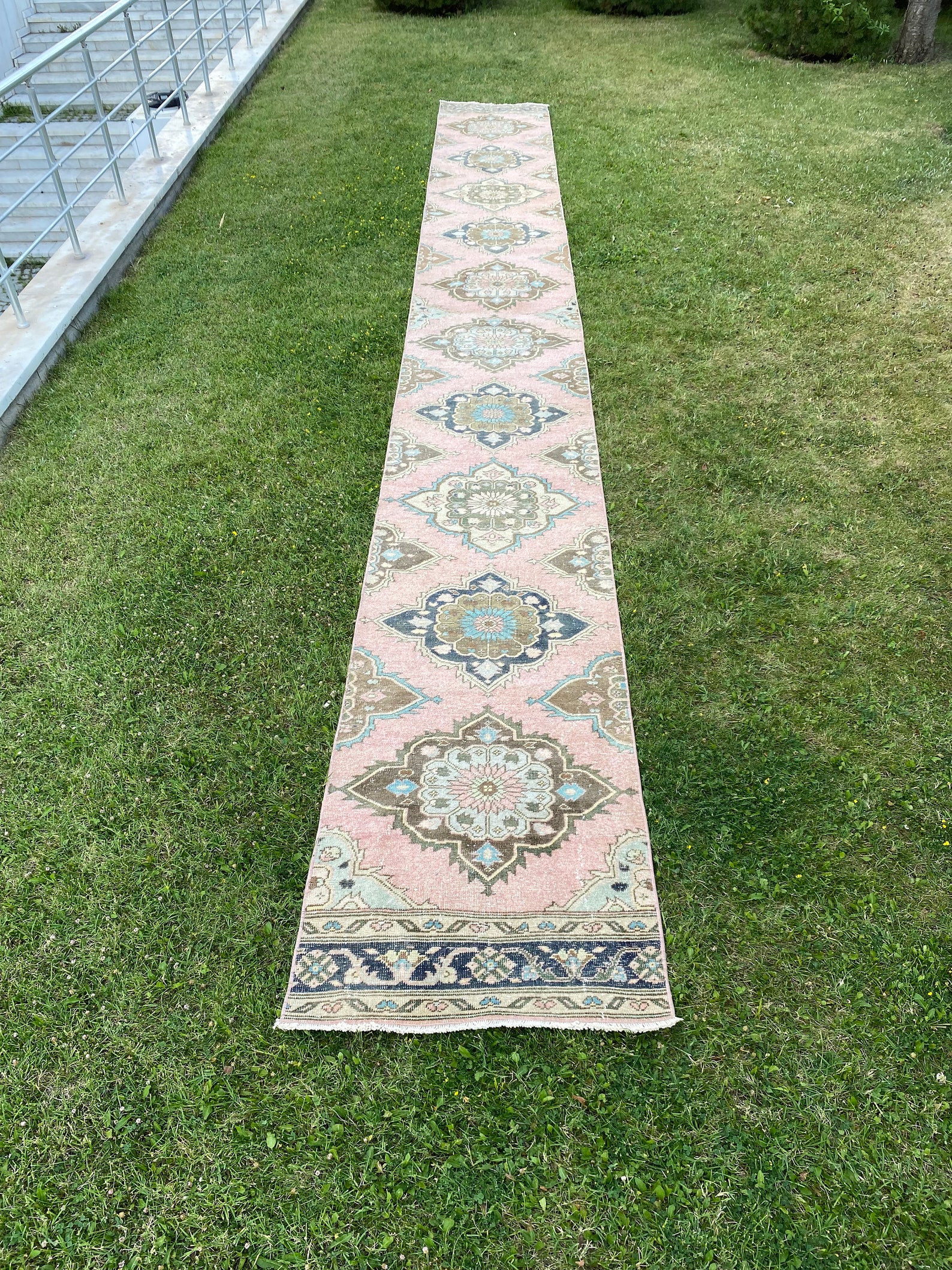 Turkish Stair Runner, Extra Long Runner Rug Blue, Brown Oushak Runner
