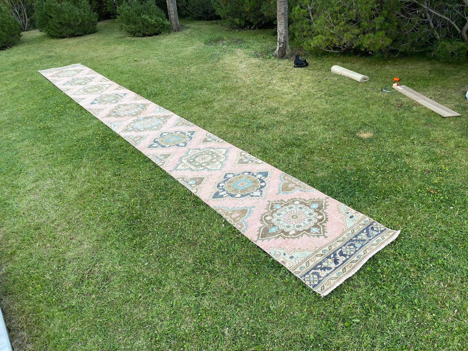 Turkish Stair Runner Extra Long Runner Rug Blue Brown Oushak Etsy