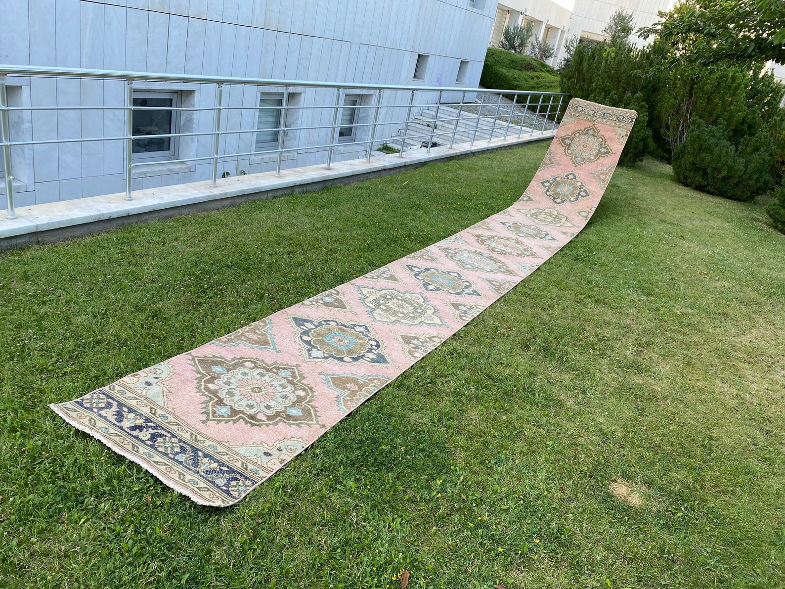 Turkish Stair Runner, Extra Long Runner Rug Blue, Brown Oushak Runner