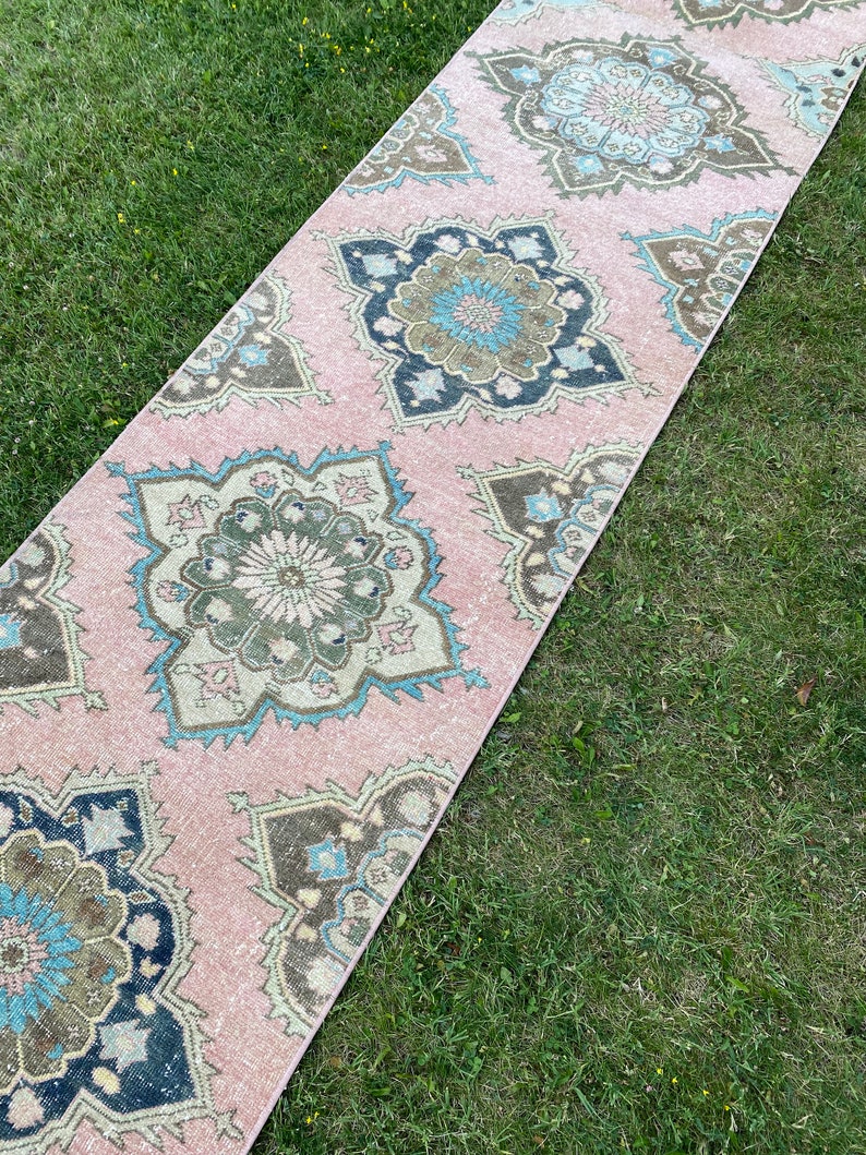 Turkish Stair Runner Extra Long Runner Rug Blue Brown Oushak Etsy