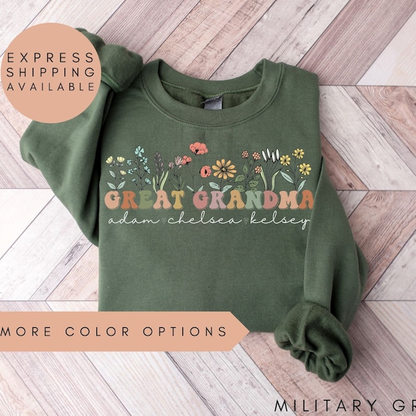 Great Grandma Sweatshirt With Names, Personalized Great Grandma Wildflowers Sweatshirt, Grandkids Names Sweater, Great Grandma Gift