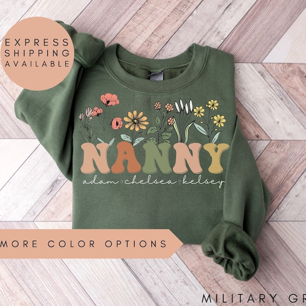 Nanny Sweatshirt With Grandkids Names,Personalized Nanny Wildflowers Sweatshirt,Grandkids Names Shirt,Nanny Crewneck,Mother's Day Nanny Gift