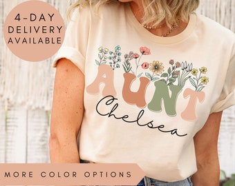 Personalized Wildflowers Aunt Shirt for Aunt Shirt With Name, Custom Gift for Aunt Pregnancy Announcement Reveal to Aunt Mother's Day Gift