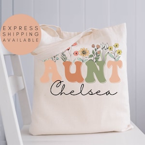 Personalized Wildflowers Aunt Tote Bag for Aunt Tote Bag With Name, Custom Gift for Aunt Pregnancy Announcement Reveal to Aunt Tote Bag