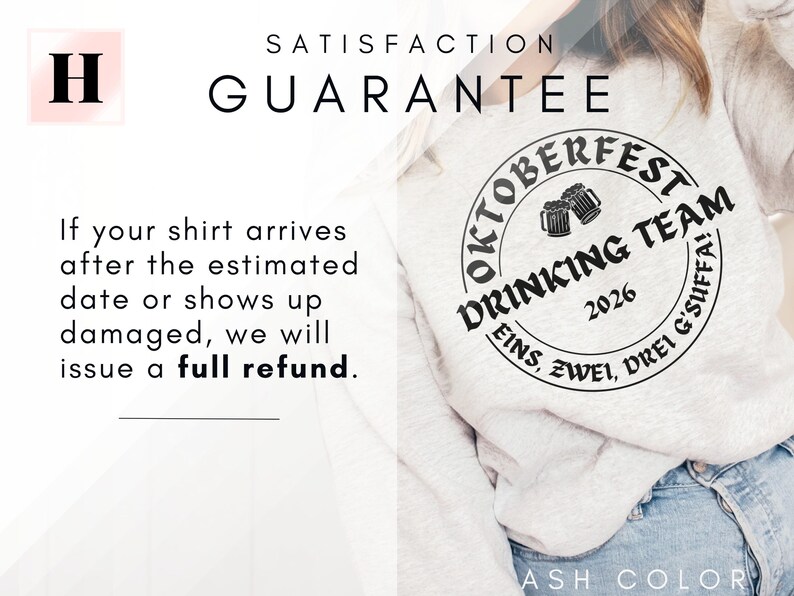 The image is a promotional graphic for a shirt with a guarantee. It features a person wearing a shirt with a logo that says "OKTOBERFEST DRINKING TEAM" and a date "2016". The text on the image provides a guarantee that if the shirt arrives after the estimated date or shows up damaged, the customer will receive a full refund.