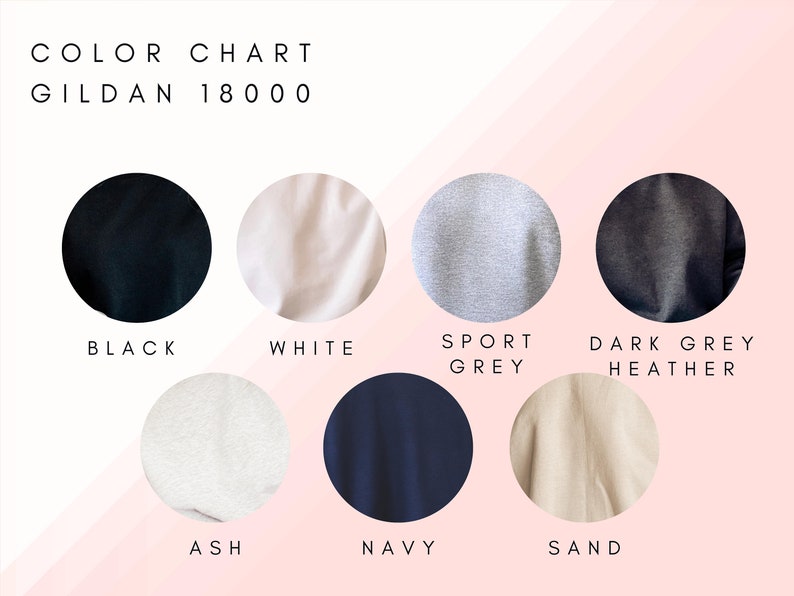 May include: Color chart for Gildan 18000 t-shirts showing the colors black, white, sport grey, dark grey heather, ash, navy, and sand.