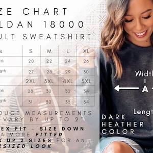 The image is a size chart for a GILDA 1800 adult sweatshirt, showing measurements for different sizes and a woman wearing the sweatshirt.