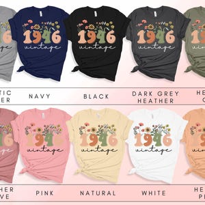 a collection of t-shirts with the text "1946 vintage" printed on them, each in a different color and style.