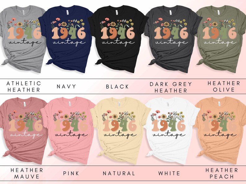 a collection of t-shirts with the text "1946 vintage" printed on them, each in a different color and style.