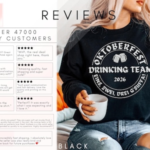 The image is a collage of multiple images featuring a woman wearing a black sweatshirt with a white design, holding a white mug, and sitting on a couch. The image caption reads "OKTOBERFEST DRINKING TEAM" and includes several positive reviews from happy customers.