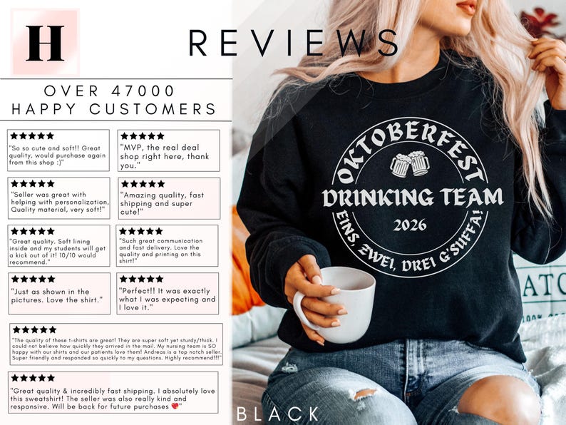 The image is a collage of multiple images featuring a woman wearing a black sweatshirt with a white design, holding a white mug, and sitting on a couch. The image caption reads "OKTOBERFEST DRINKING TEAM" and includes several positive reviews from happy customers.