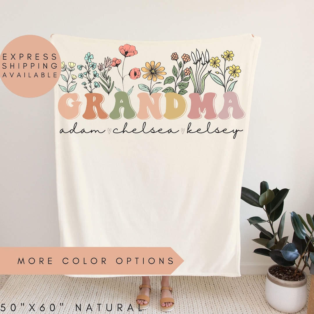 Grandma Blanket With Grandkids Names,personalized Grandma Wildflower Blanket,custom Grandma