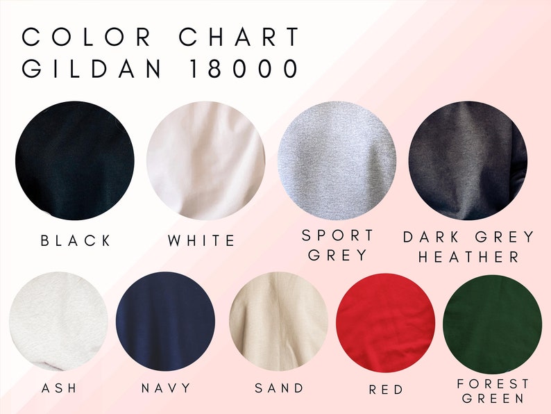 May include: Color chart for Gildan 18000 t-shirts showing 10 different colors: black, white, sport grey, dark grey heather, ash, navy, sand, red, forest green.