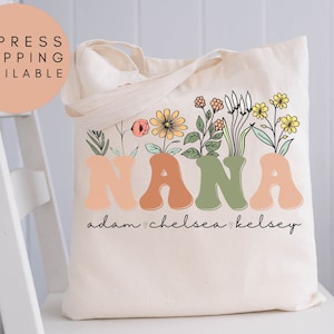Nana Tote Bag With Grandkids Names, Personalized Nana Wildflowers Tote Bag, Grandkids Names Tote,Custom Nana Tote Bag,Mother&#39;s Day Nana Gift