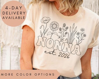 Line Art floral Grandma Shirt, Personalized Wildflowers Grandma Tee, Nonna Est 2026 T-Shirt, Wildflower Line Art Grandma Shirt, Grandma Gift